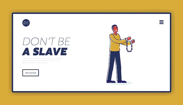 Don't be slave landing page template background with african american man in handcuffs