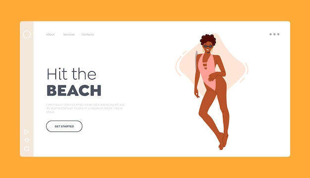 Beach Apparel Landing Page Template African Woman Posing in Swimsuit Female Character Wear Sunglasses and Swimwear