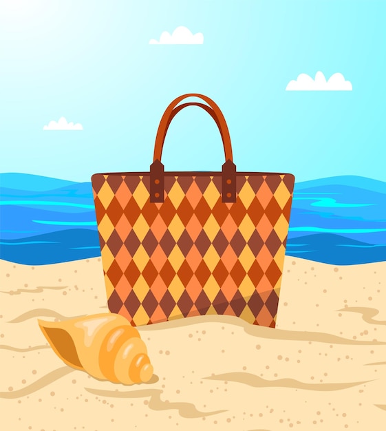 Beach bag on the sand on the seaside. Vector illustration.