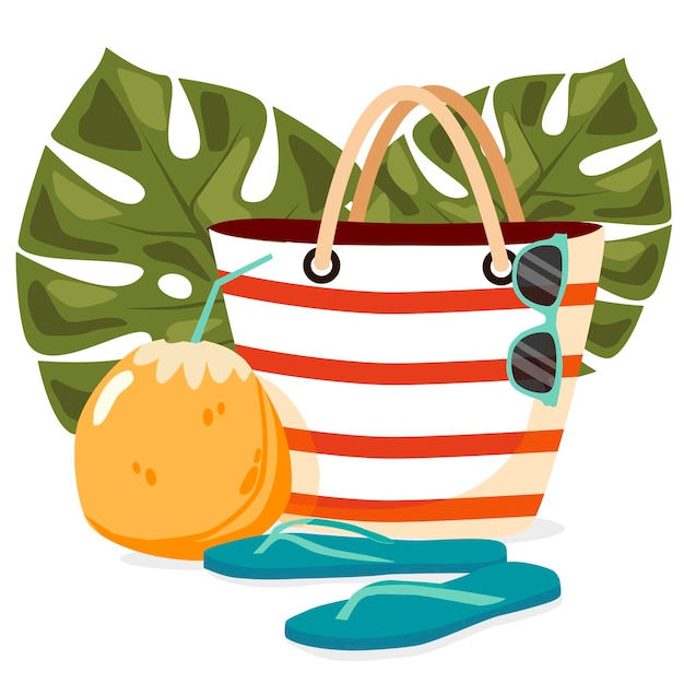 Beach bag with leaves and coconut Illustration of cartoon beach accessory Isolated icon