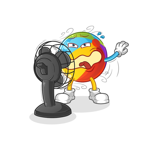 Beach ball in front of the fan character. cartoon mascot vector