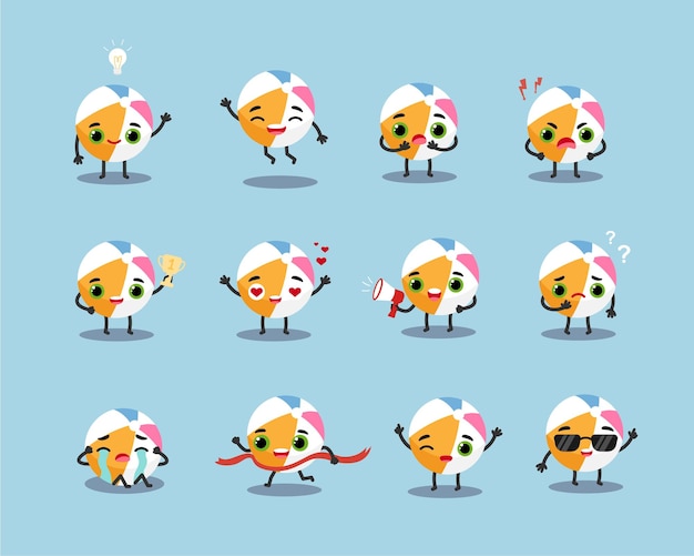 Beach ball set of sports emotions characters Flat vector illustration