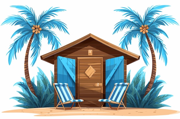 Vector the beach blue cabin is wooden striped with surfboards flat landscap vector art illustration