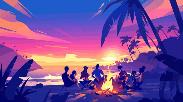 Vector beach bonfire gathering for a blissful evening