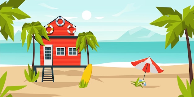 Beach bungalow house background Cartoon tropical landscape with sand and water tropical coast with palm trees idyllic paradise hotel Vector illustration