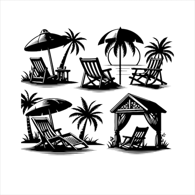 Beach chair silhouettes vector summer weekend card with hammocks and palm trees