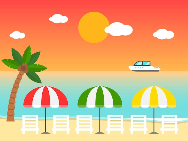 Beach chairs and Umbrellas on the sunset beach illustration