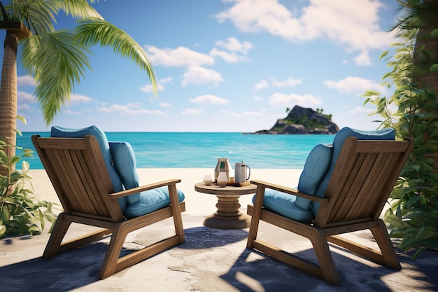 Vector beach chairs with umbrella and beautiful sand beach