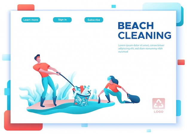 Beach coast cleanup concept, cleaning people with bag