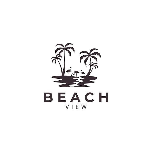 Beach coconut trees and flamingo birds silhouette logo design vector icon illustration