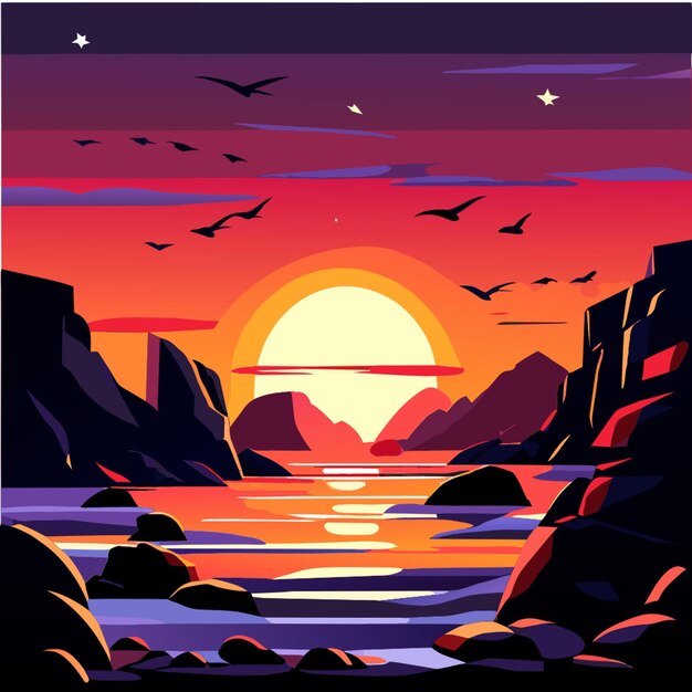 beach dark sunset landscape with rocks and stars in the sky vector illustration doodle vector