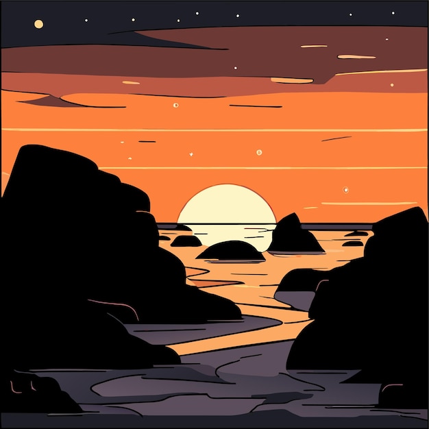 beach dark sunset landscape with rocks and stars in the sky