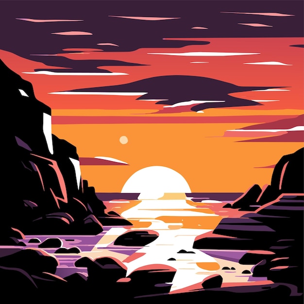 Vector beach dark sunset landscape with rocks and stars in the sky