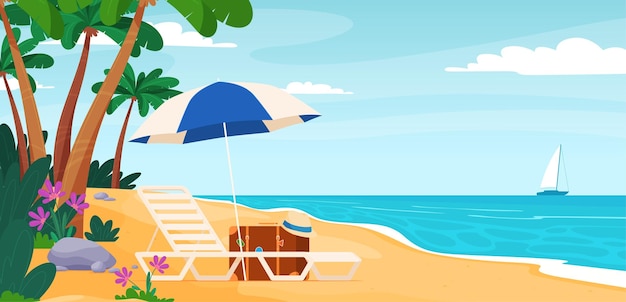 Beach deck chair with umbrella Summer vacation on a sandy beach Happy hot vacation Vector illustration