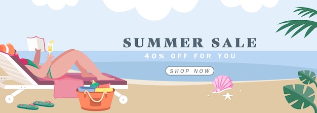 beach deck chair with woman is sunbathing on sea background banner