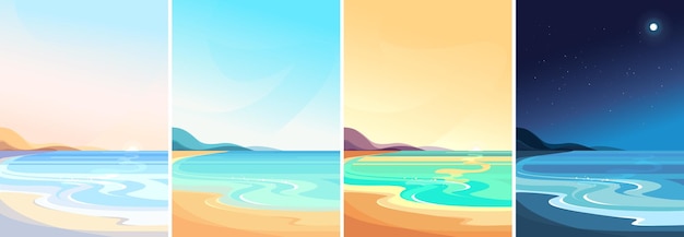 Beach at different times of day. Beautiful landscapes in vertical orientation.