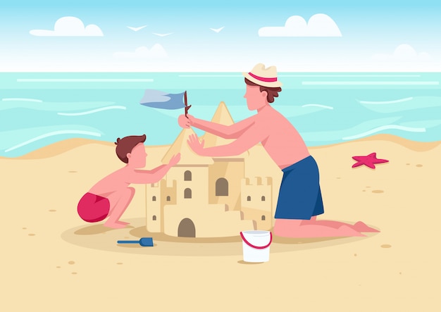 Beach family activity flat color illustration