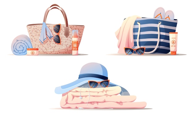 Beach hat beach bag cover sunglasses sun cream towel slippers Set of summer illustrations