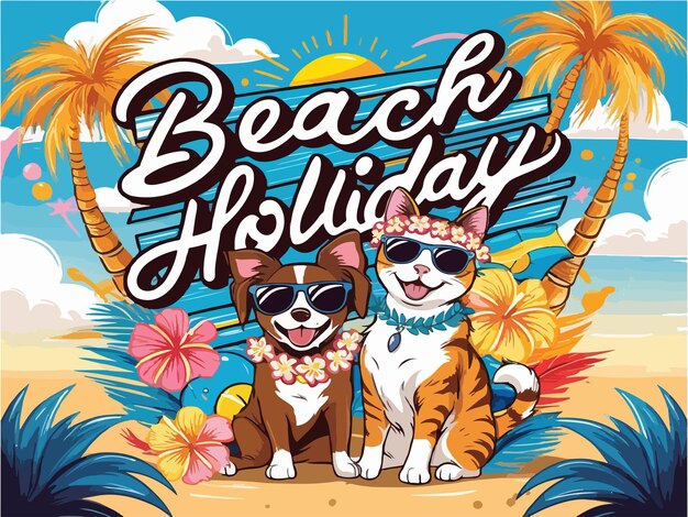 Vector beach holiday fun in the sun with pets design illustrator