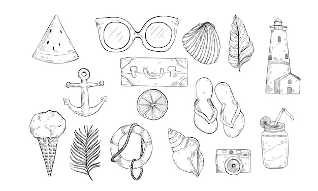 Vector beach holiday handdrawn illustration engraving