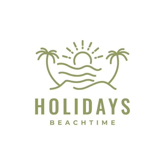 beach holidays vacation sunset coconut trees line style simple logo design vector icon illustration