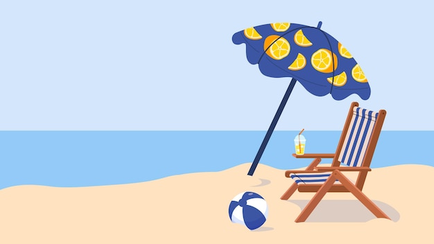 Beach horizontal background Parasol beach lounger and inflatable ball Simple summer template