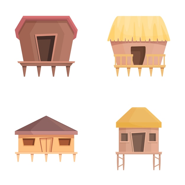 Beach house icons set cartoon vector Wooden bungalow or island resort house