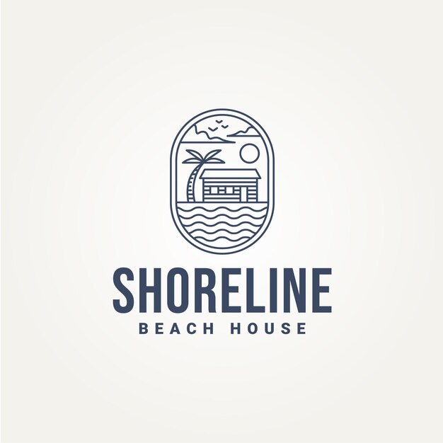 beach house minimalist line art emblem logo template vector illustration design