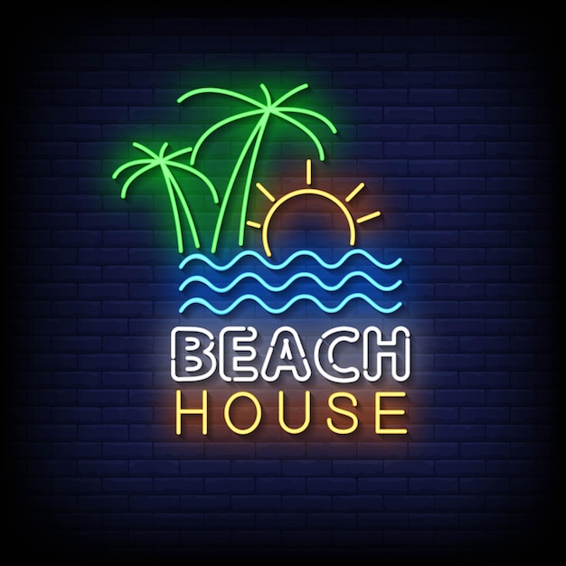 Beach House Neon Sign On Brick Wall Background Vector