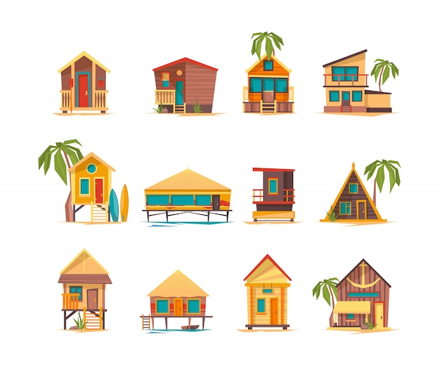 Beach houses. Funny buildings for summer vacation tropical bungalow cabins and constructions 