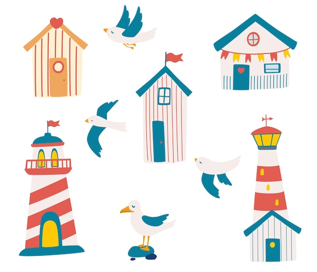 Beach houses and seagulls Summer time Vacation homes lighthouses Vector illustration for use in prints posters flyers and invitations