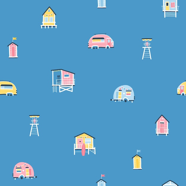 Beach houses and trailers seamless pattern. Cute summer cartoon illustrations in simple hand drawn childish scandinavian style. Tiny tropical buildings in a colorful pastel palette. Ideal for printing