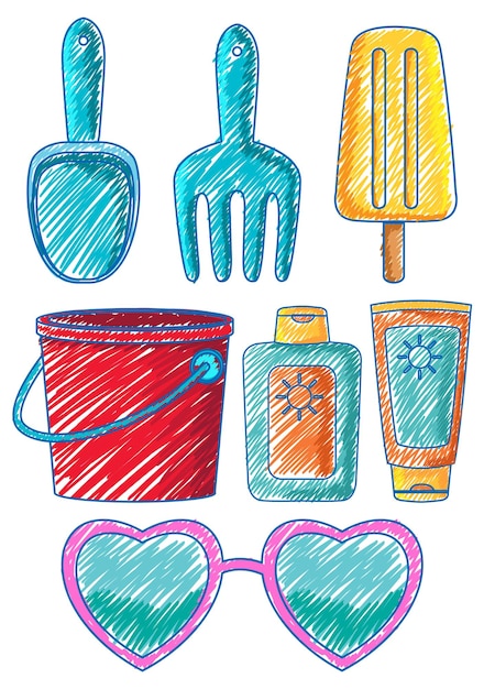 Beach Icons in Pencil Colour Sketch Simple Style