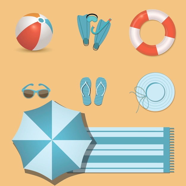 Beach icons set Colored items for summer holidays Vector illustration on yellow background