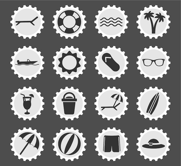 Beach icons on stylized round postage stamps