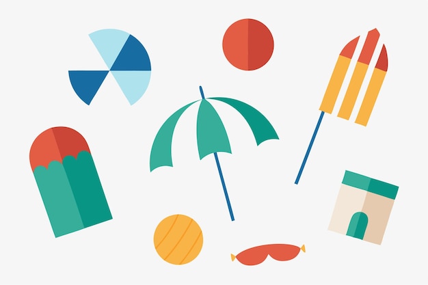 Beach Icons Umbrellas Sunbeds Surfboards Beach Balls Sandcastles Vector Illustration