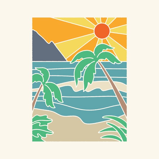 Vector beach illustration simple graphic tropical design sunshine vintage rectangle badge summer surf