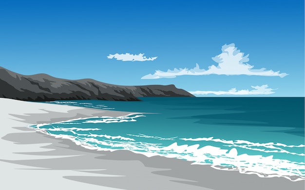 Beach illustration with waves and cliff