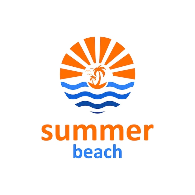 beach island summer ocean sea with coconut trees birds and summer sunshine logo