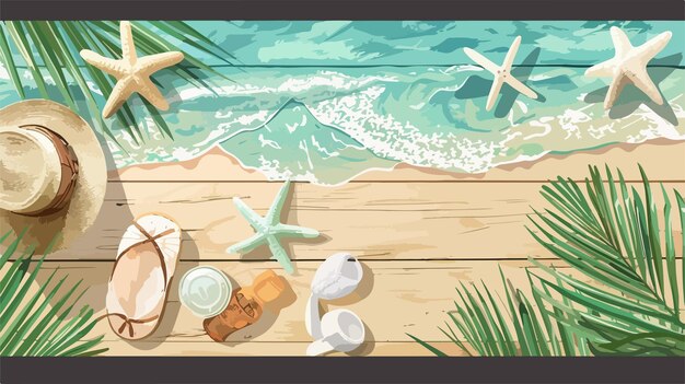 Vector beach items composition on wooden background