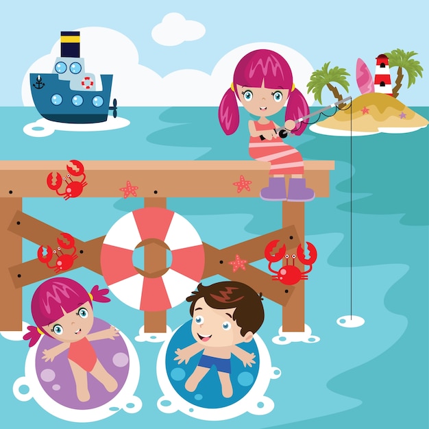 Beach Kids Cartoon Illustration