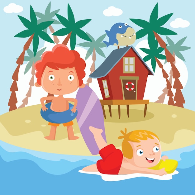 Beach Kids Cartoon Illustration