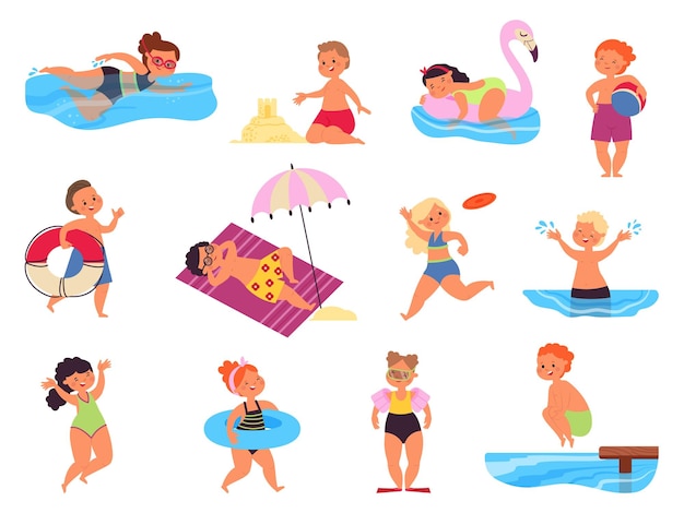 Beach kids Child resort summer sea activity Cartoon children playing with sand and water swimming and relaxed Boys girls wear swimsuits decent vector set