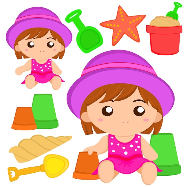 Beach Kids playing sand Cue Vector Set