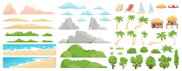 Beach landscape elements. Nature beach, clouds, hills, mountains, trees and palms.