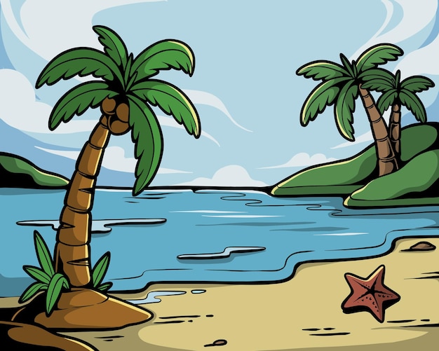 beach landscape illustration with coconut tree