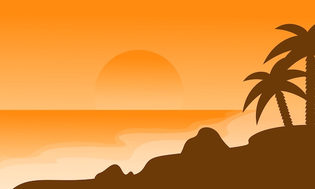 Beach landscape of silhouette on orange backgrounds