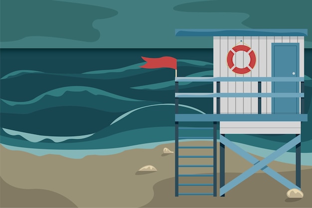 Beach landscape with a lifeguard house during a storm. 