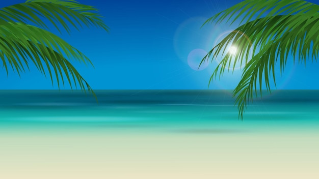 Beach landscape with palm trees and blue sky