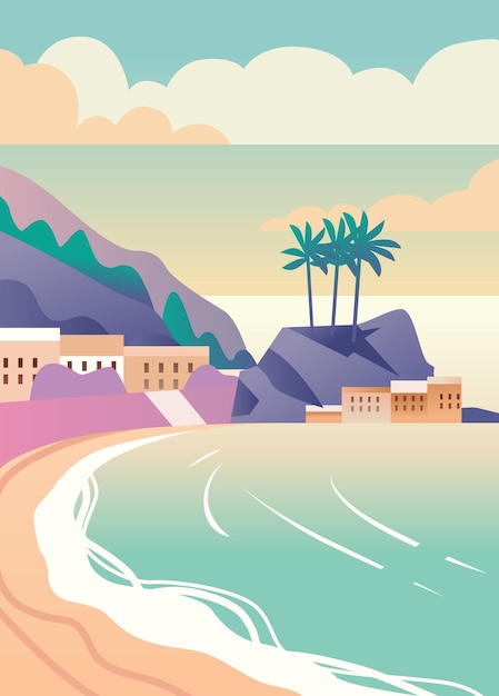 Beach landscape with palm trees mountains and houses colorful minimalist style